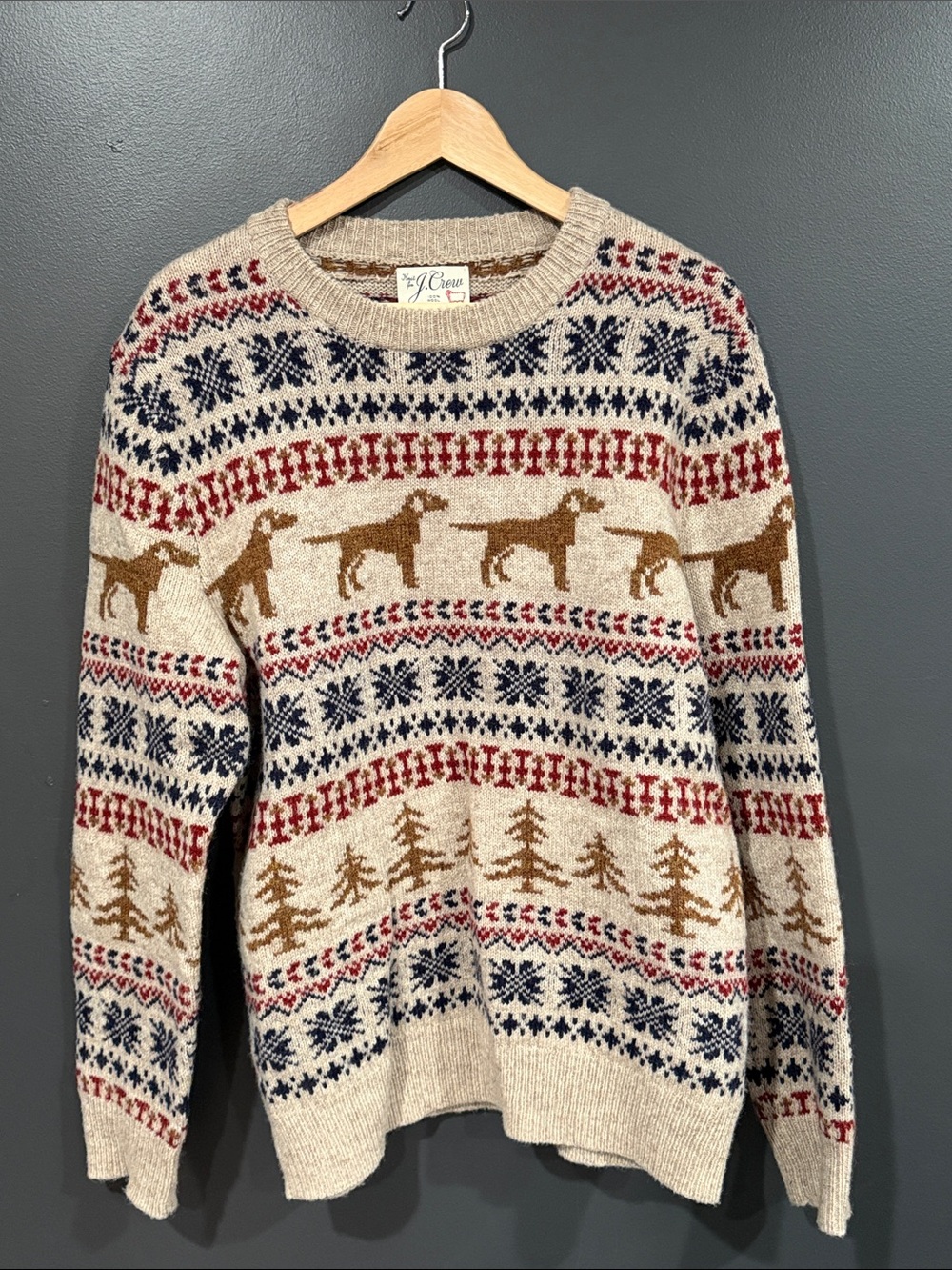 J. Crew Beige Crewneck Sweater with Navy, Red & Brown Fair Isle Dog Motif